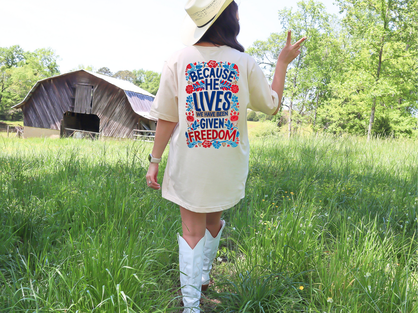 Because He Lives T-Shirt: Faith, Freedom, and Floral Grace