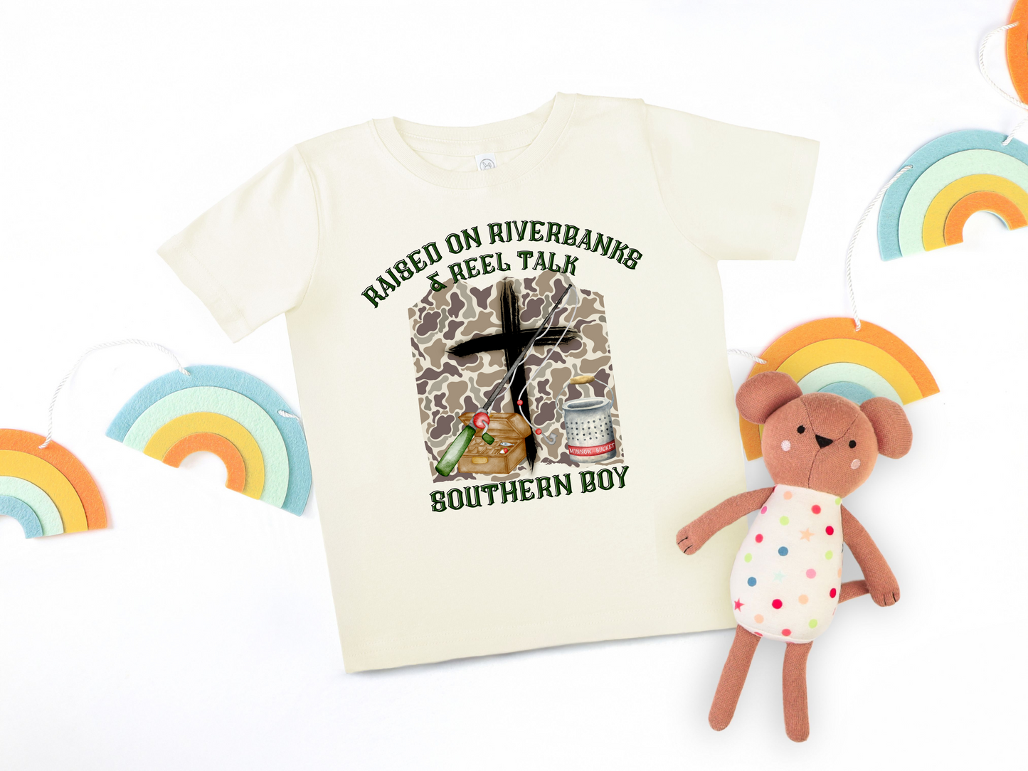 “Raised on Riverbanks & Reel Talk” Southern Boy T-Shirt – For the Littlest Fisherman 🎣