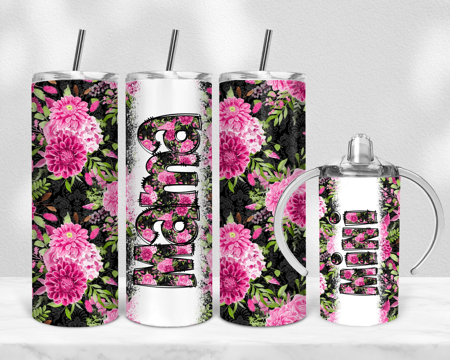 Get the Perfect Pair: Pink Floral Mama and Mini Tumbler Set - On-The-Go Drinkware for You and Your Little One!