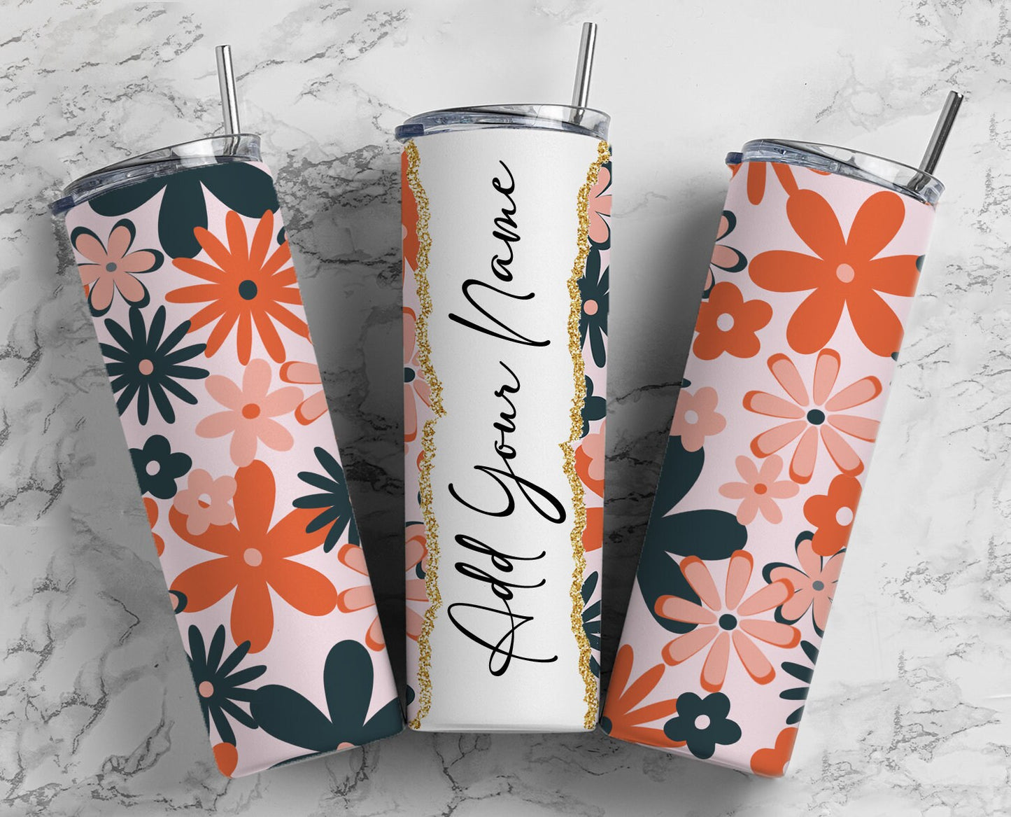 Personalized Navy and Orange Floral Tumbler - Stylish and Functional Drinkware for Any Occasion