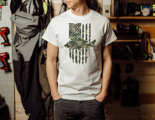 Show your patriotism and love for fishing with our Camo and Fish American Flag T-Shirt - Order Now and Make a Bold Statement!