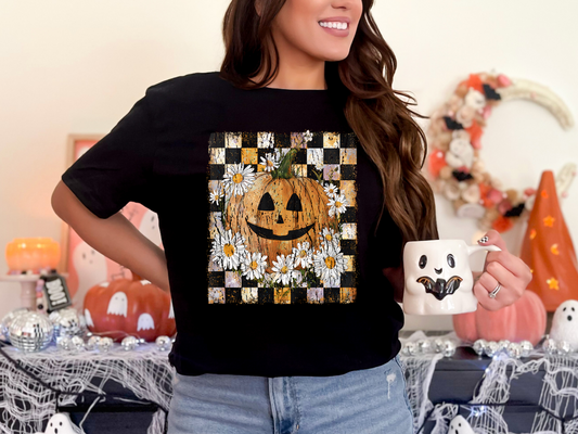 Rustic Pumpkin & Daisy Checkered T-Shirt – Fall's Cutest Combo 🎃🌼