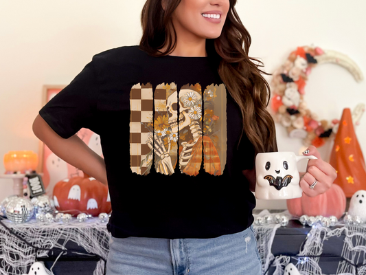 Checkered Skeleton Fall T-Shirt – Cozy, Creepy & Cute! 🍂💀