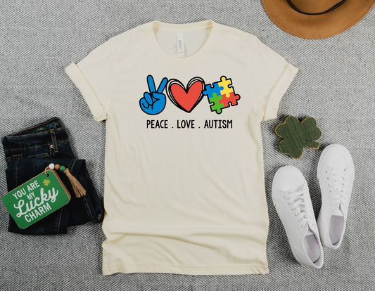 Spread Awareness with Style: Show Your Support for Autism with Our Peace, Love, and Autism T-Shirt