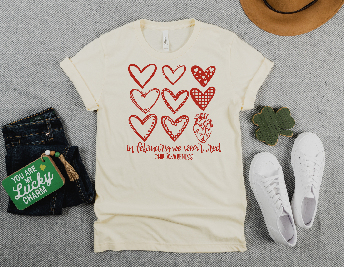 Show Your Support for CHD with Our Multi-Design Hearts CHD Awareness T-Shirt: "We Wear Red In February" Tee