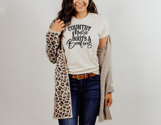 "Country Music, Boots, and Bonfires" T-Shirt: Show Your Love for the Country Lifestyle in Style!