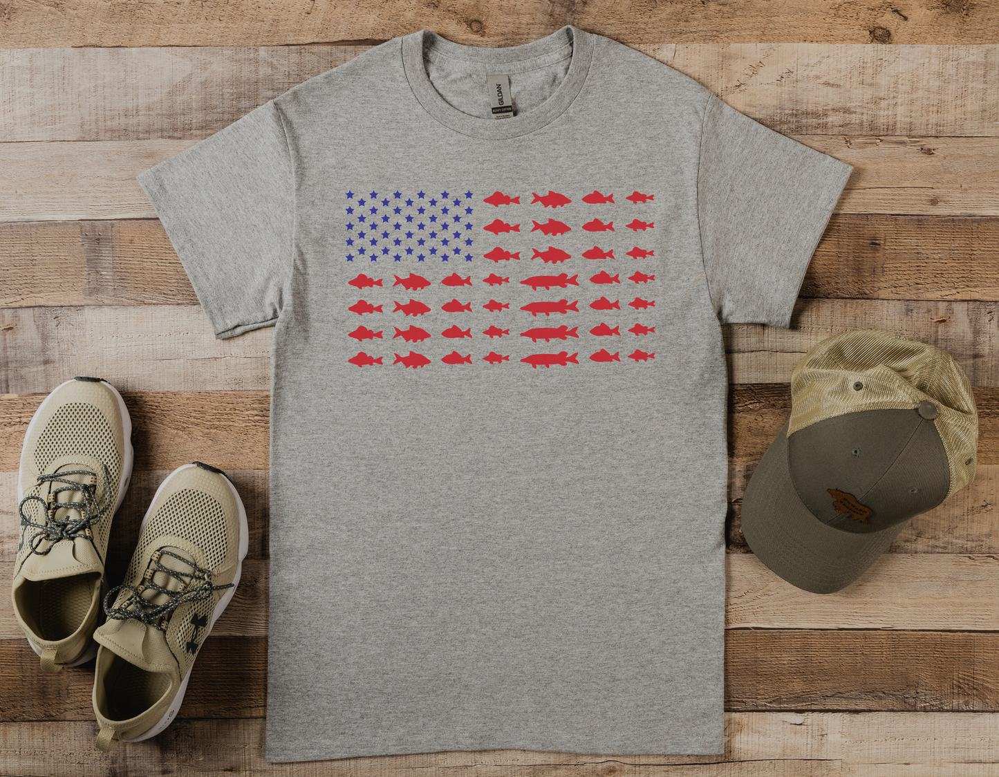 "Deep Sea Fish American Flag" T-Shirt - Show Your Love for Fishing and Patriotism with Our Stylish Tee!