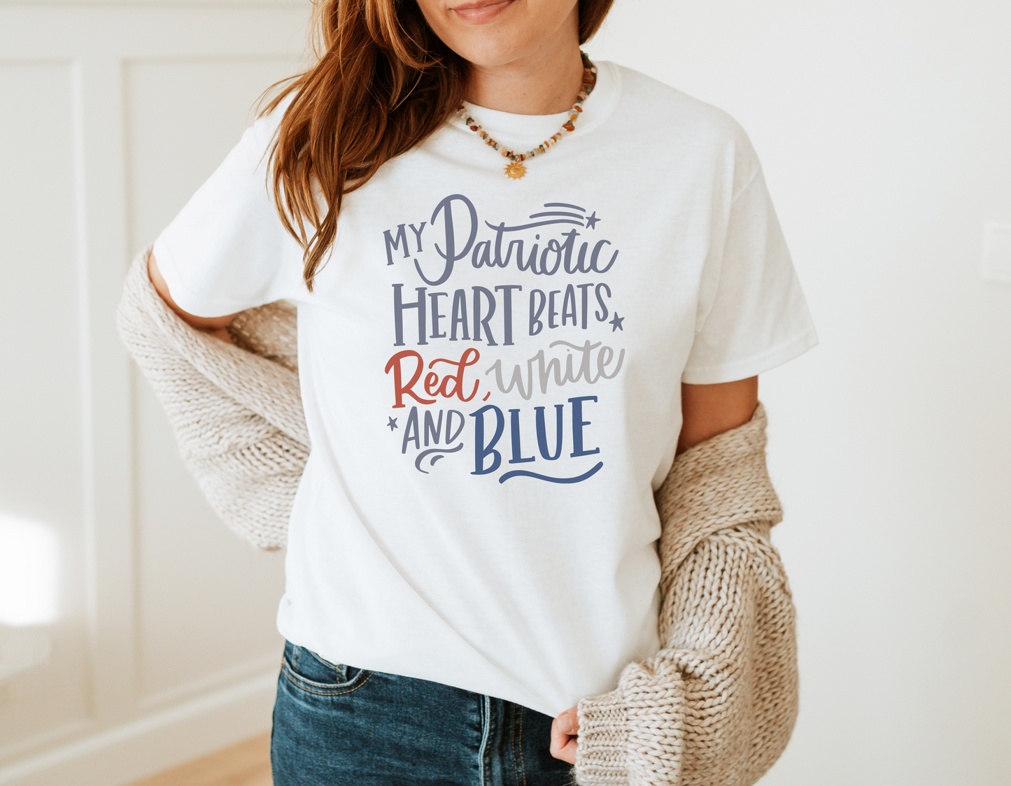 "My Patriotic Heart Beats Red, White, and Blue" T-Shirt - Show Your Love for America with Our Stylish Tee!