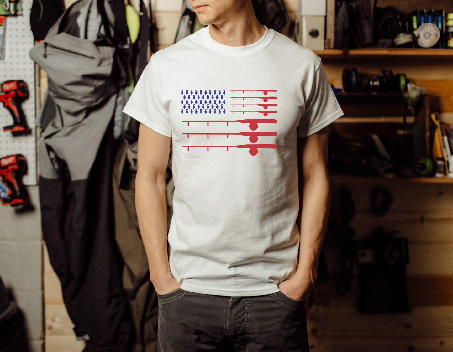 Fishing Rods and Fish American Flag T-Shirt - Show Your Love for Fishing and Patriotism with Our Stylish Tee!