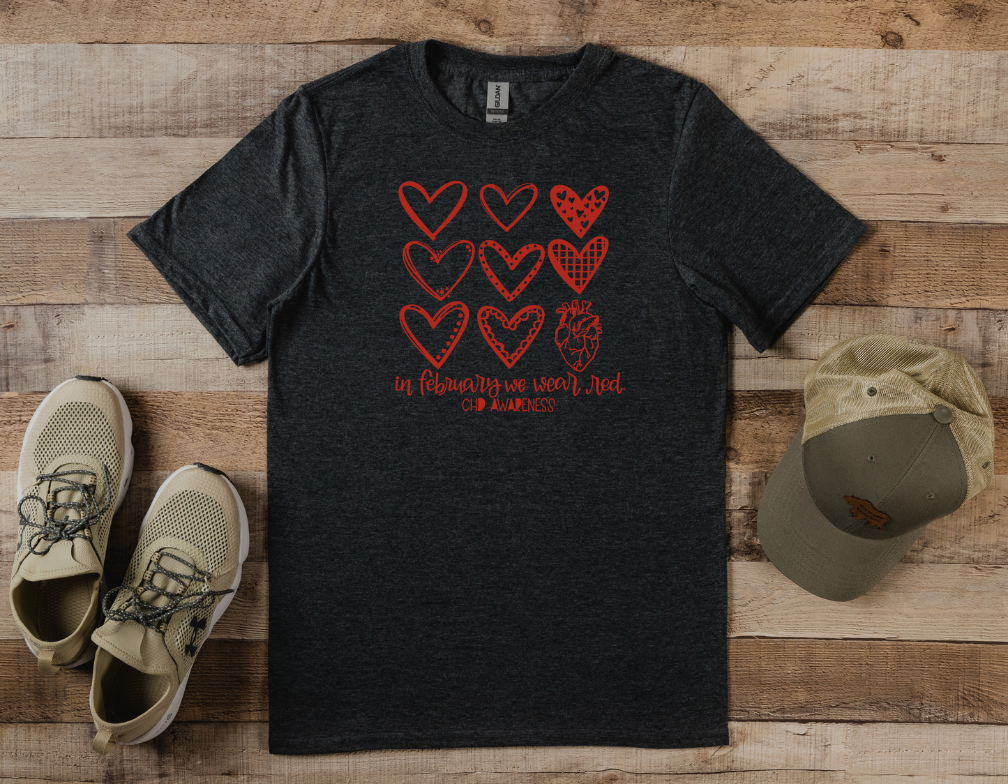 Show Your Support for CHD with Our Multi-Design Hearts CHD Awareness T-Shirt: "We Wear Red In February" Tee