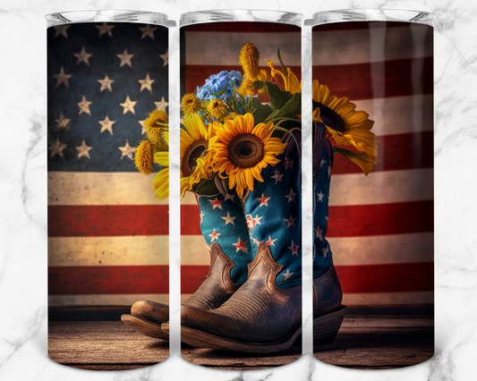 Show Off Your American Pride with Sunflowers and Cowgirl Boots Tumbler - Shop Now!