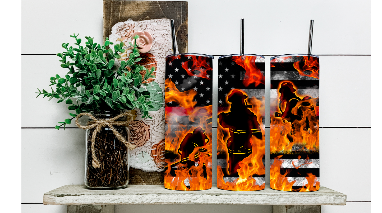 Show Your Support: American Firefighter Tumbler with Engulfed Flames Design