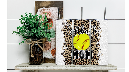 Get Your Sparkle On with White Glitter and Cheetah Print Softball Mom Tumbler