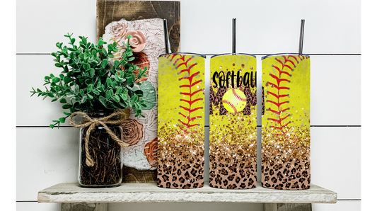 Sparkle on the Field with Green and Gold Glitter Cheetah Print Softball Mom Tumbler